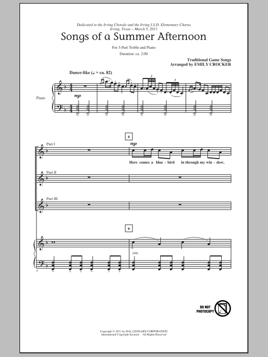 Download Traditional Songs Of A Summer Afternoon (arr. Emily Crocker) Sheet Music and learn how to play 3-Part Treble PDF digital score in minutes
