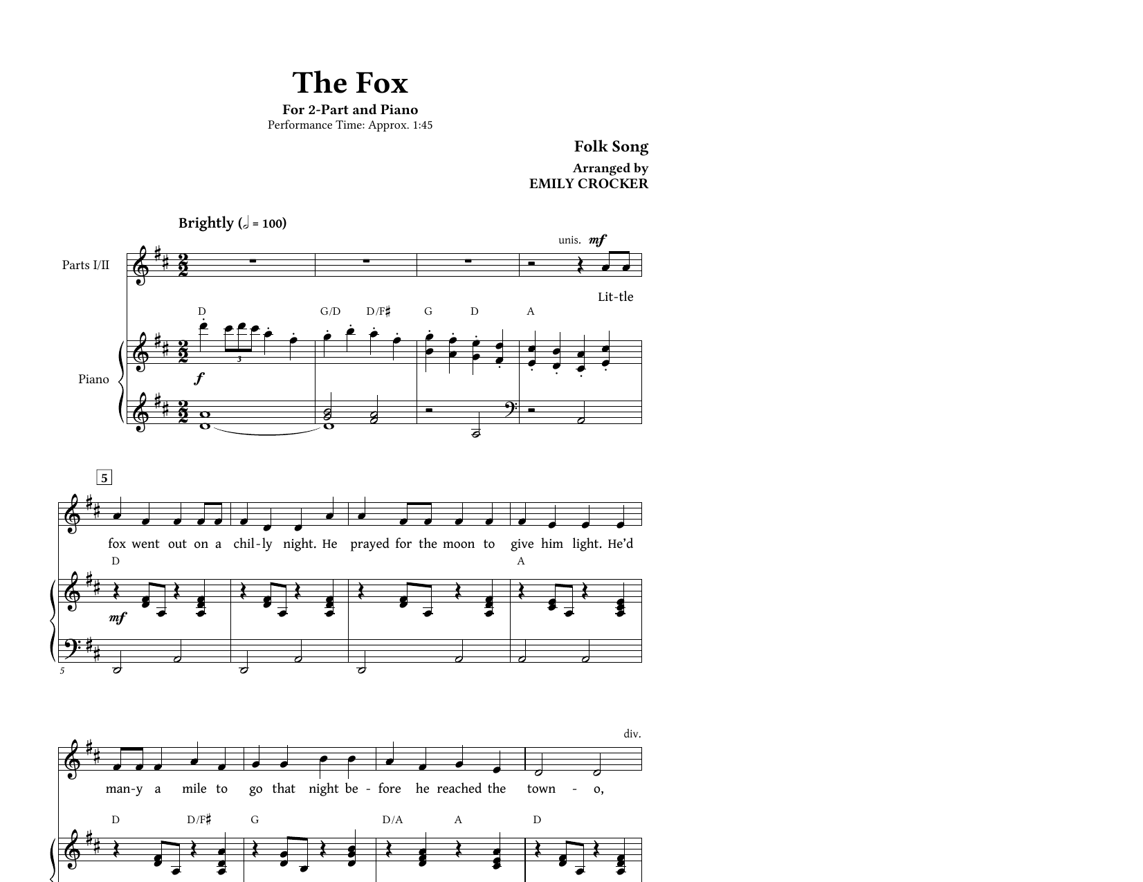 Download Emily Crocker The Fox (Folk Song) Sheet Music and learn how to play 2-Part Choir PDF digital score in minutes