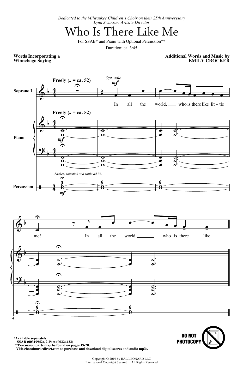 Download Emily Crocker Who Is There Like Me Sheet Music and learn how to play SSAB Choir PDF digital score in minutes