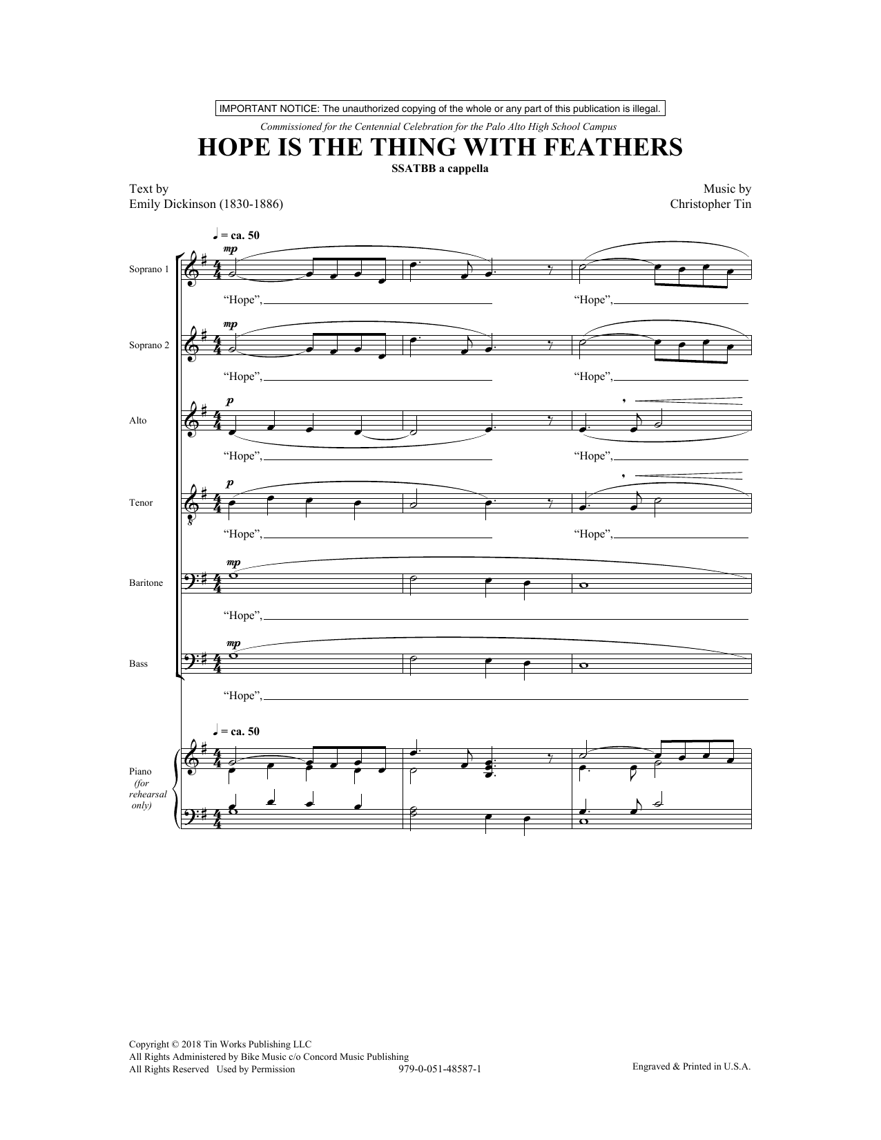 Download Emily Dickinson and Christopher Tin Hope Is The Thing With Feathers Sheet Music and learn how to play SATB Choir PDF digital score in minutes