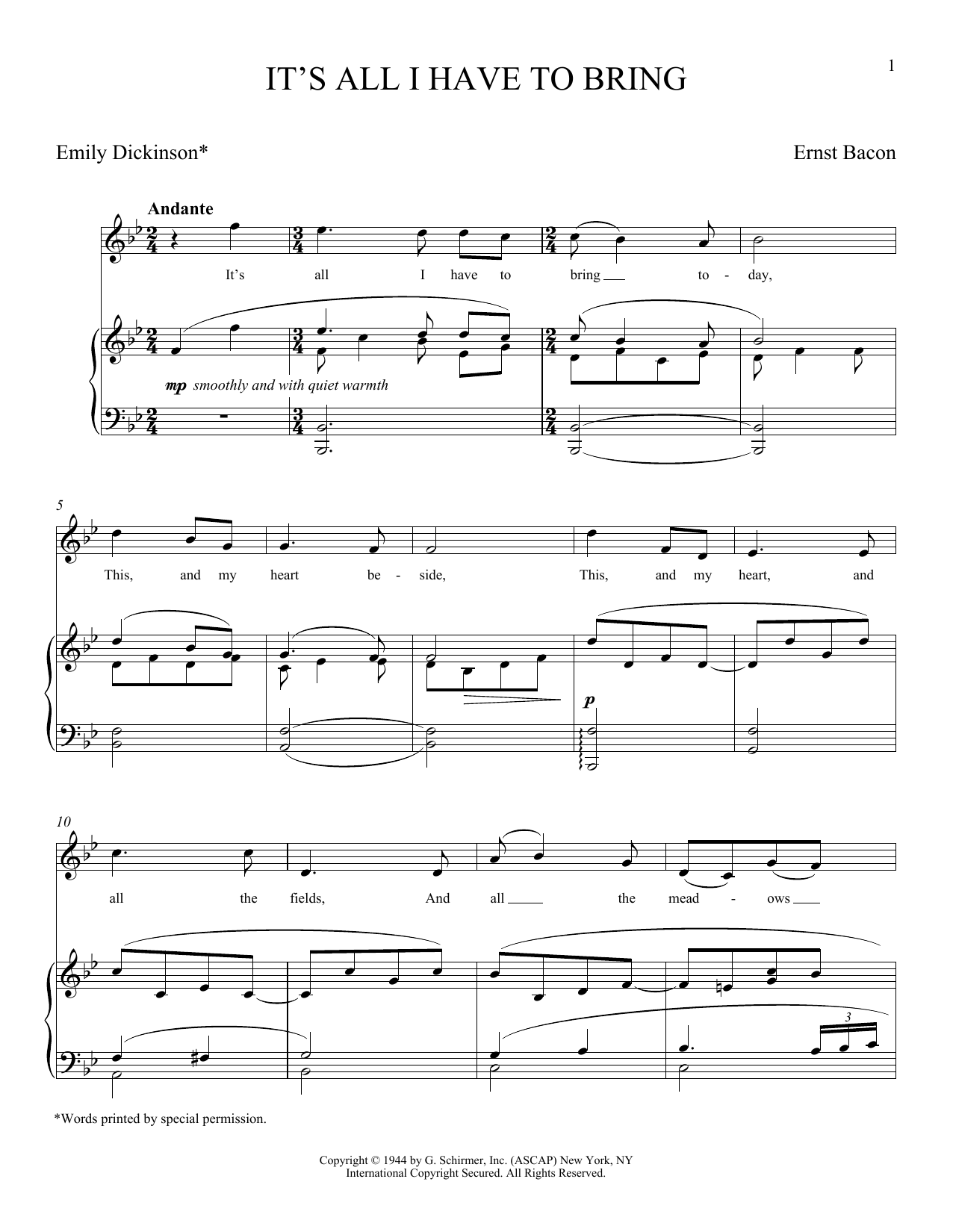 Download Emily Dickinson It's All I Have To Bring (Bacon) Sheet Music and learn how to play Piano & Vocal PDF digital score in minutes