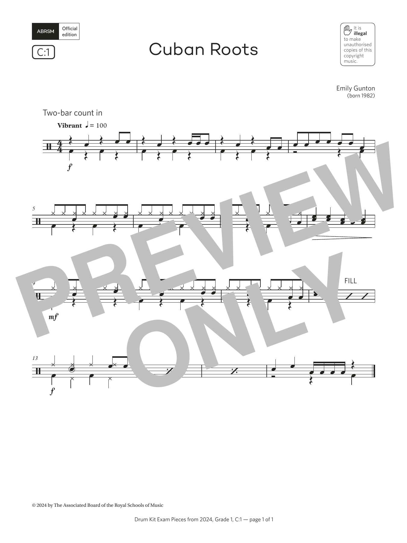 Download Emily Gunton Cuban Roots (Grade 1, list C1, from the ABRSM Drum Kit Syllabus 2024) Sheet Music and learn how to play Drums PDF digital score in minutes