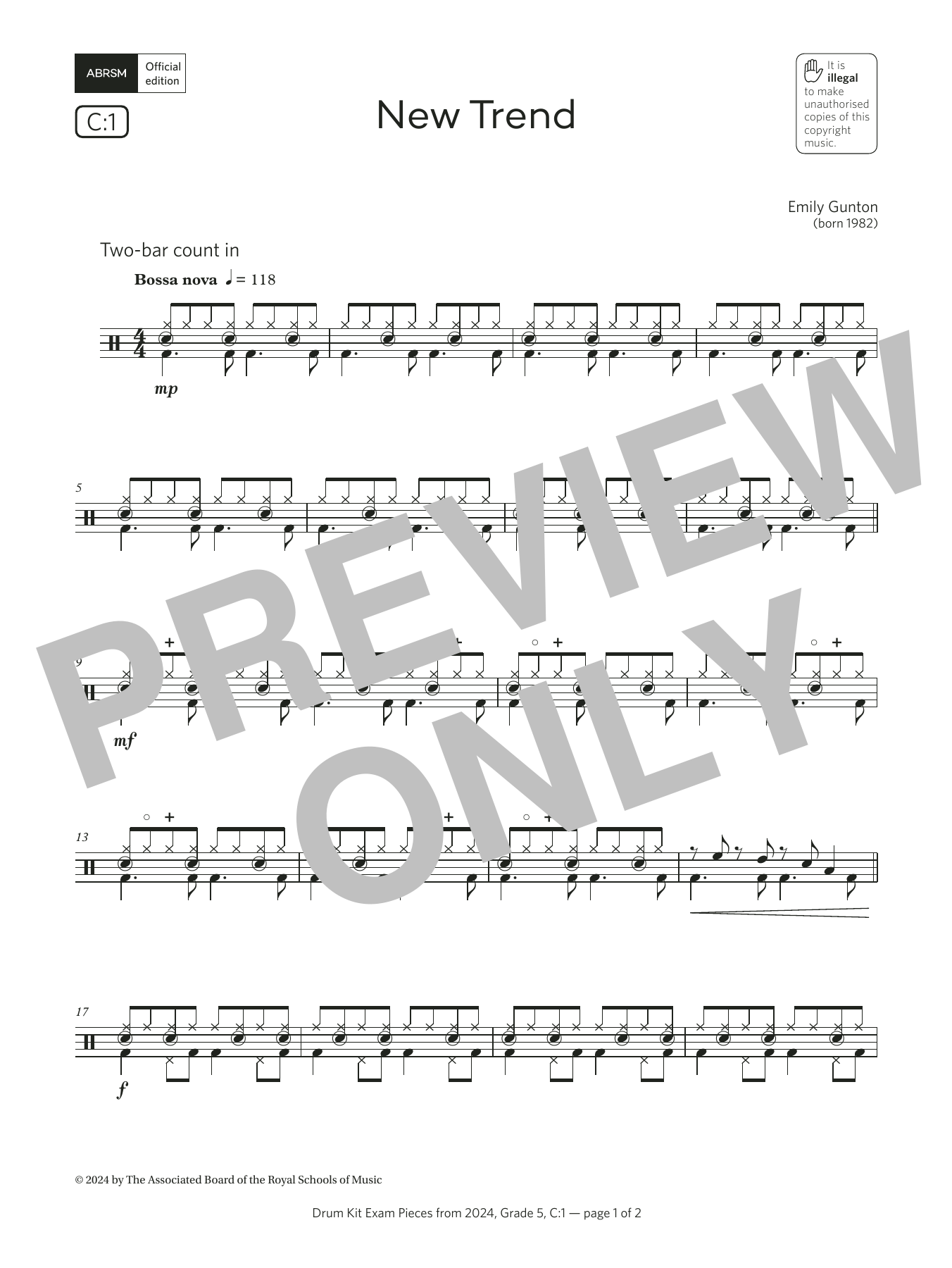 Download Emily Gunton New Trend (Grade 5, list C1, from the ABRSM Drum Kit Syllabus 2024) Sheet Music and learn how to play Drums PDF digital score in minutes