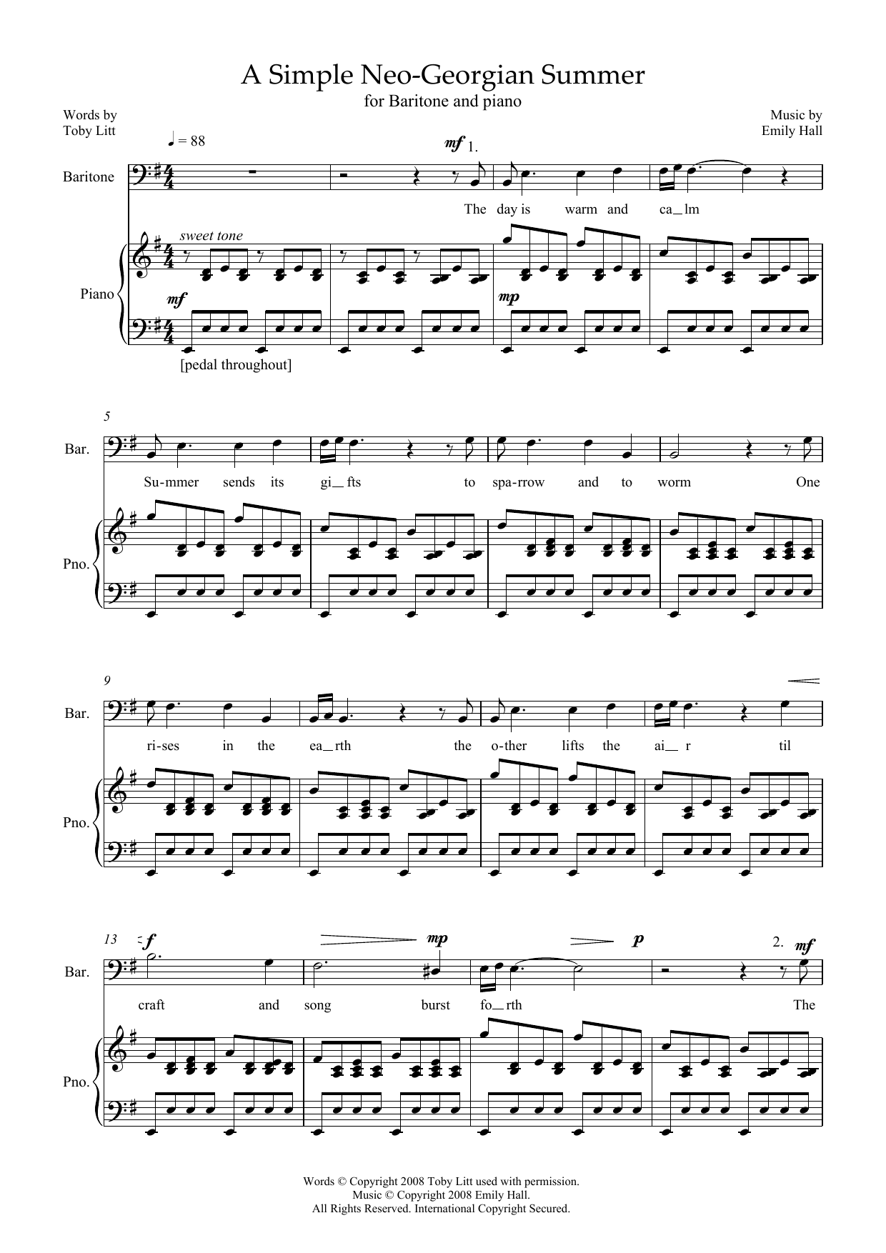 Download Emily Hall A Simple Neo-Georgian Summer (for baritone & piano) Sheet Music and learn how to play Piano & Vocal PDF digital score in minutes