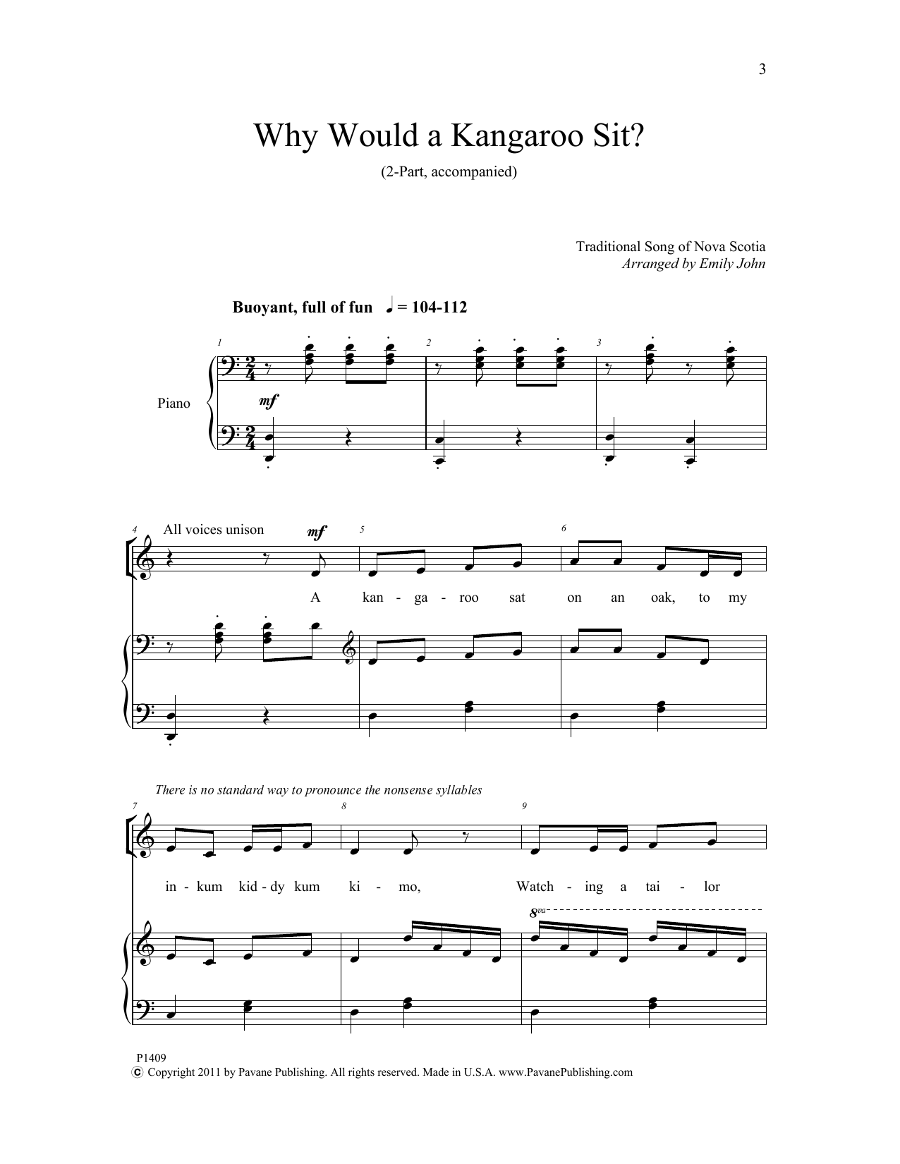 Download Emily John Why Would a Kangaroo Sit? Sheet Music and learn how to play 2-Part Choir PDF digital score in minutes