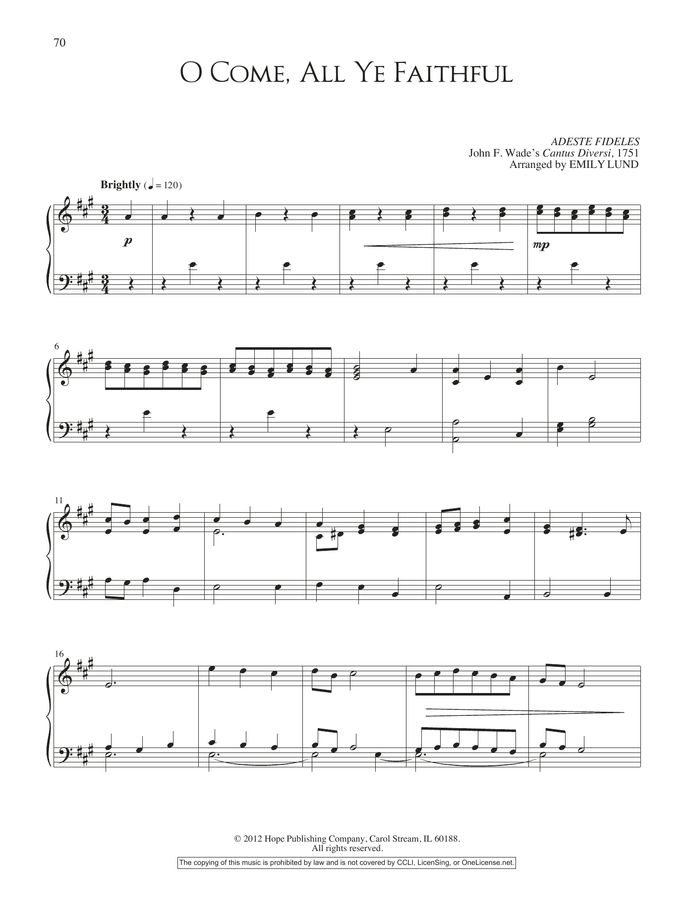 Download Emily Lund O Come, All Ye Faithful Sheet Music and learn how to play Piano Solo PDF digital score in minutes