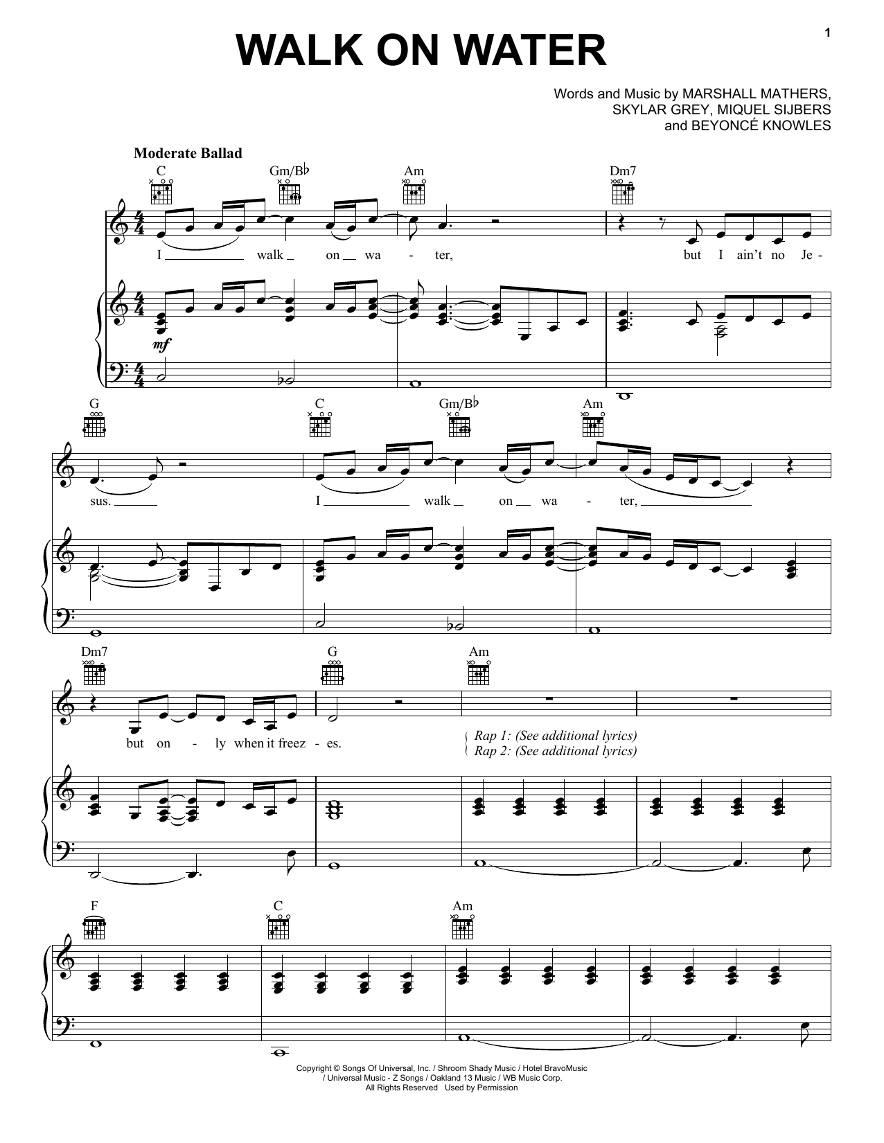 Download Eminem feat. Beyonce Walk On Water Sheet Music and learn how to play Piano, Vocal & Guitar (Right-Hand Melody) PDF digital score in minutes