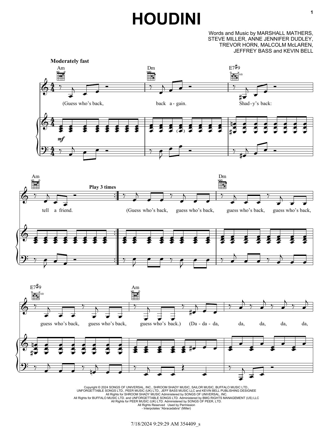 Download Eminem Houdini Sheet Music and learn how to play Piano, Vocal & Guitar Chords (Right-Hand Melody) PDF digital score in minutes