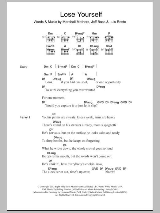 Download Eminem Lose Yourself Sheet Music and learn how to play Lyrics & Chords PDF digital score in minutes