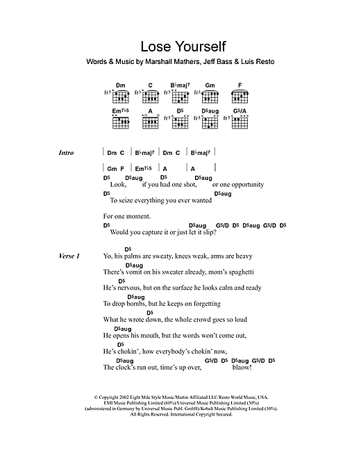Download Eminem Lose Yourself Sheet Music and learn how to play Lyrics & Chords PDF digital score in minutes