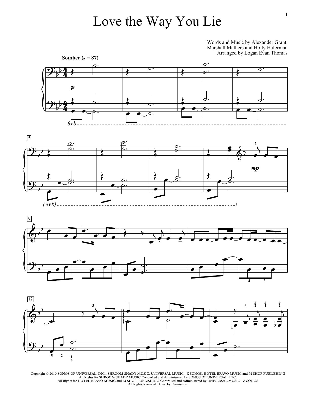 Download Eminem Love The Way You Lie (feat. Rihanna) (arr. Logan Evan Thomas) Sheet Music and learn how to play Educational Piano PDF digital score in minutes