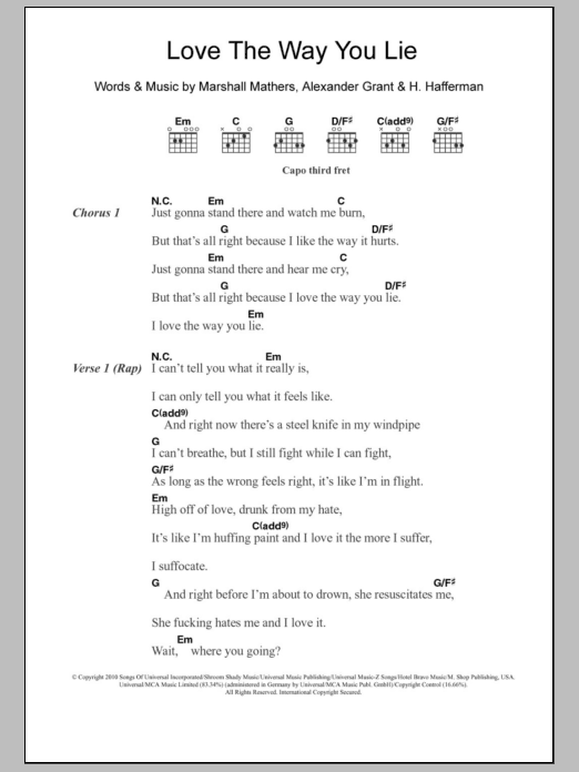 Download Eminem Love The Way You Lie (feat. Rihanna) Sheet Music and learn how to play Lyrics & Chords PDF digital score in minutes