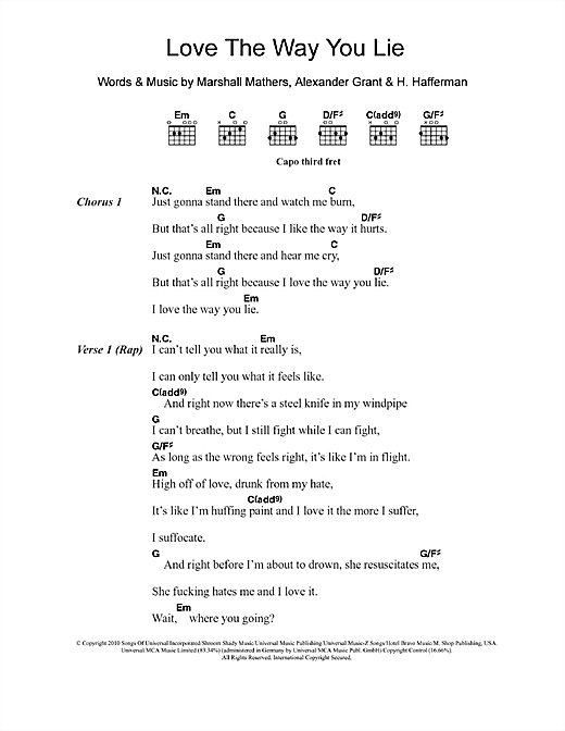 Download Eminem Love The Way You Lie (feat. Rihanna) Sheet Music and learn how to play Lyrics & Chords PDF digital score in minutes