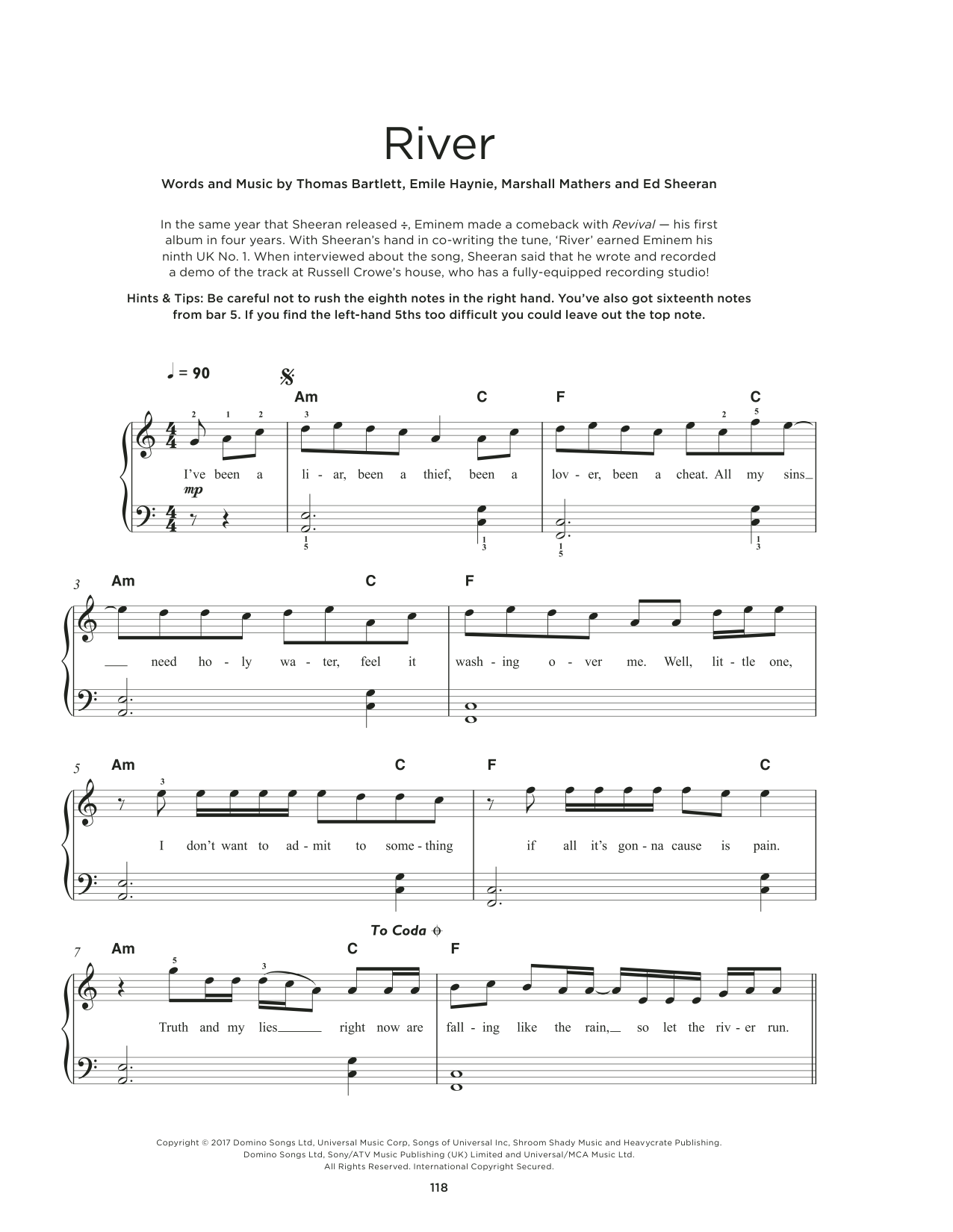Download Eminem River (feat. Ed Sheeran) Sheet Music and learn how to play Really Easy Piano PDF digital score in minutes