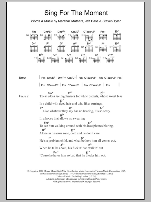 Download Eminem Sing For The Moment Sheet Music and learn how to play Lyrics & Chords PDF digital score in minutes