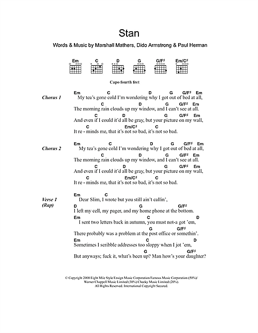 Download Eminem Stan Sheet Music and learn how to play Lyrics & Chords PDF digital score in minutes