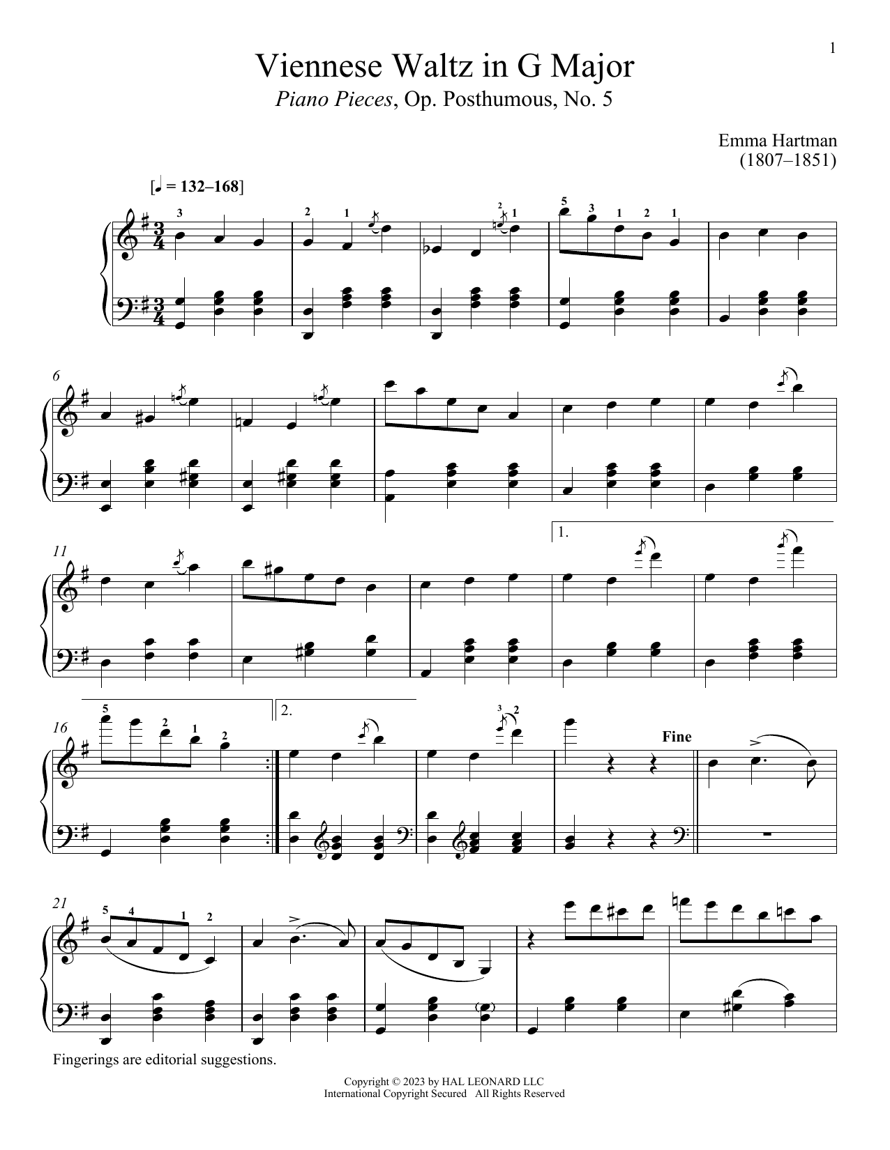 Download Emma Hartmann Viennese Waltz in G Major Sheet Music and learn how to play Piano Solo PDF digital score in minutes