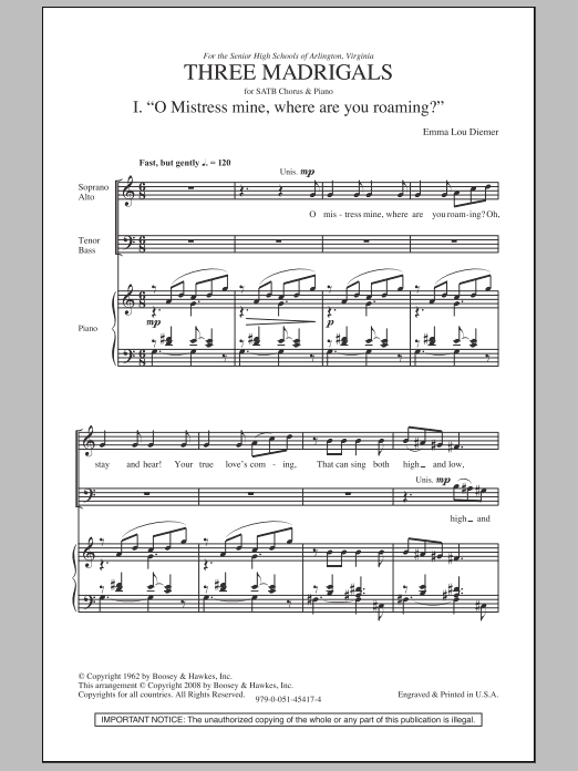 Download Emma Lou Diemer Three Madrigals Sheet Music and learn how to play SATB PDF digital score in minutes