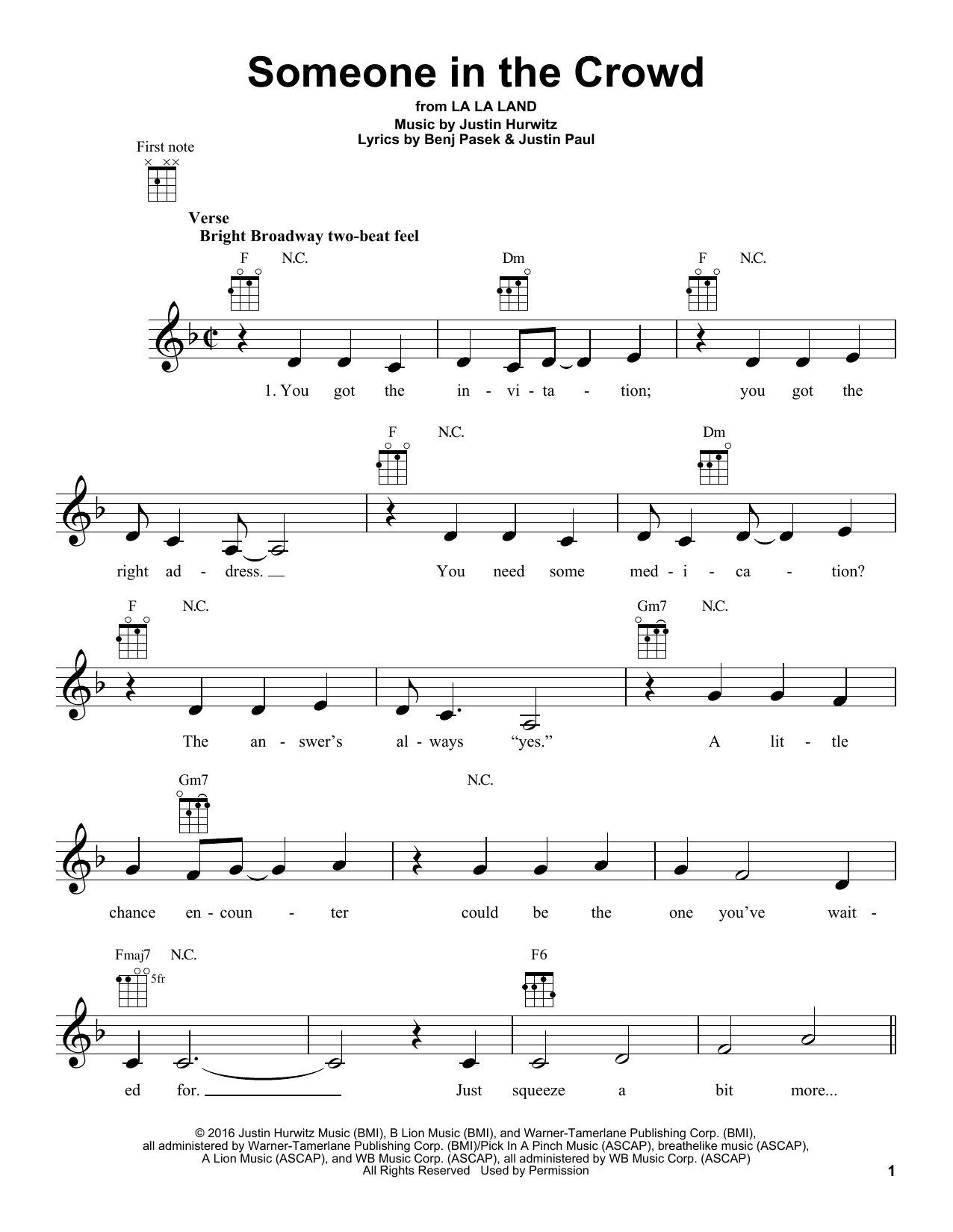 Download Justin Hurwitz Someone In The Crowd (from La La Land) Sheet Music and learn how to play Ukulele PDF digital score in minutes
