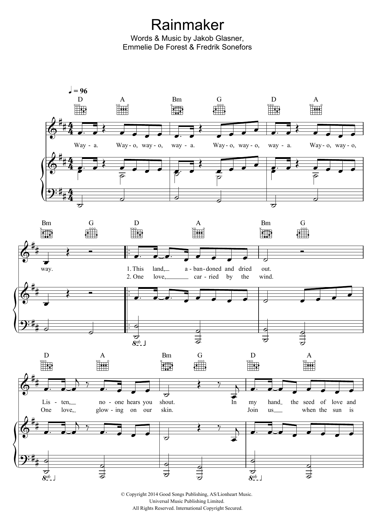 Download Emmelie De Forest Rainmaker Sheet Music and learn how to play Piano, Vocal & Guitar (Right-Hand Melody) PDF digital score in minutes