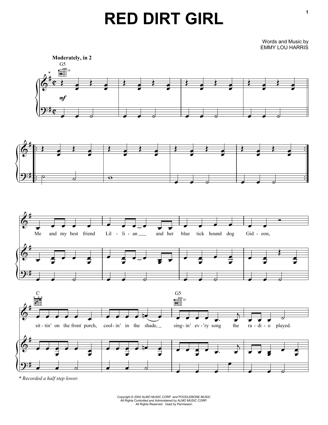 Download Emmylou Harris Red Dirt Girl Sheet Music and learn how to play Piano, Vocal & Guitar (Right-Hand Melody) PDF digital score in minutes