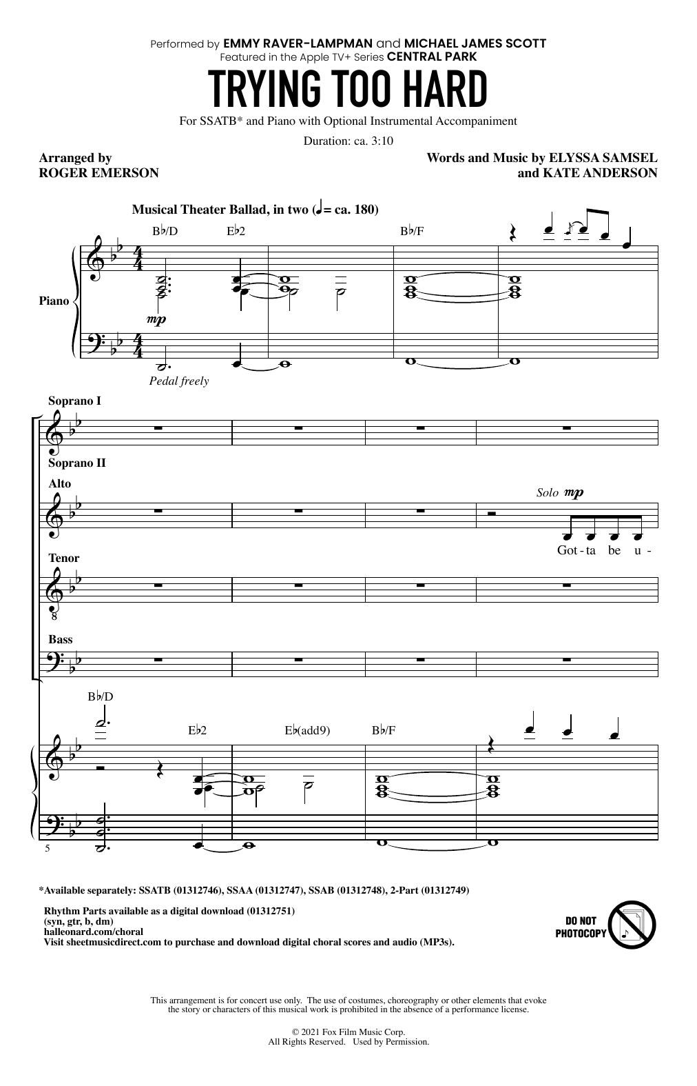 Download Emmy Raver-Lampman and Michael James Scott Trying Too Hard (from Central Park) (arr. Roger Emerson) Sheet Music and learn how to play 2-Part Choir PDF digital score in minutes