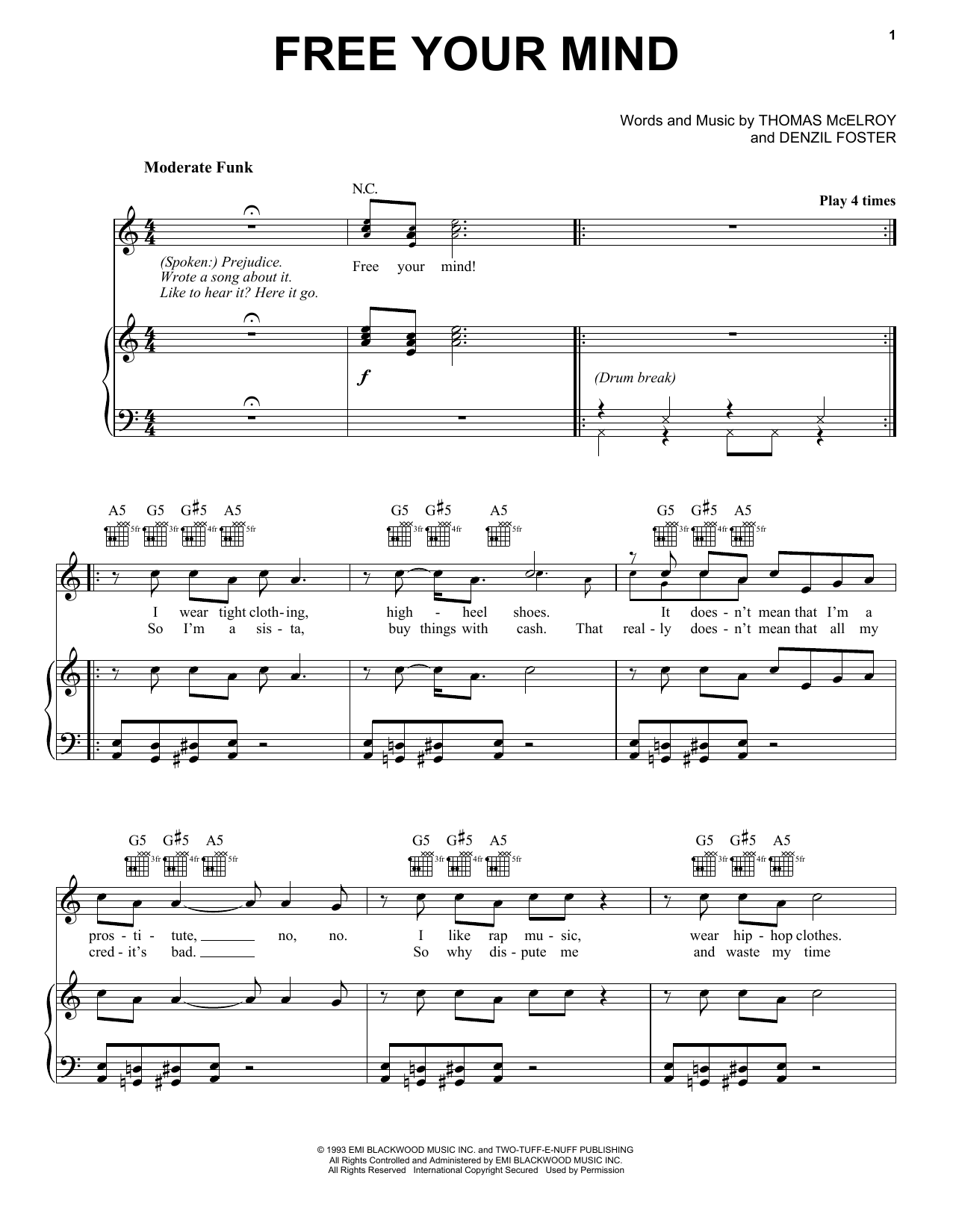 Download En Vogue Free Your Mind Sheet Music and learn how to play Piano, Vocal & Guitar Chords (Right-Hand Melody) PDF digital score in minutes