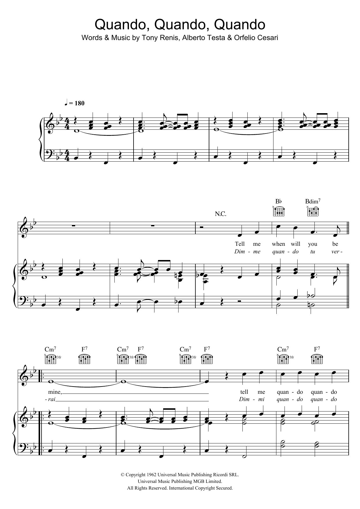 Download Engelbert Humperdinck Quando, Quando, Quando Sheet Music and learn how to play Piano, Vocal & Guitar (Right-Hand Melody) PDF digital score in minutes