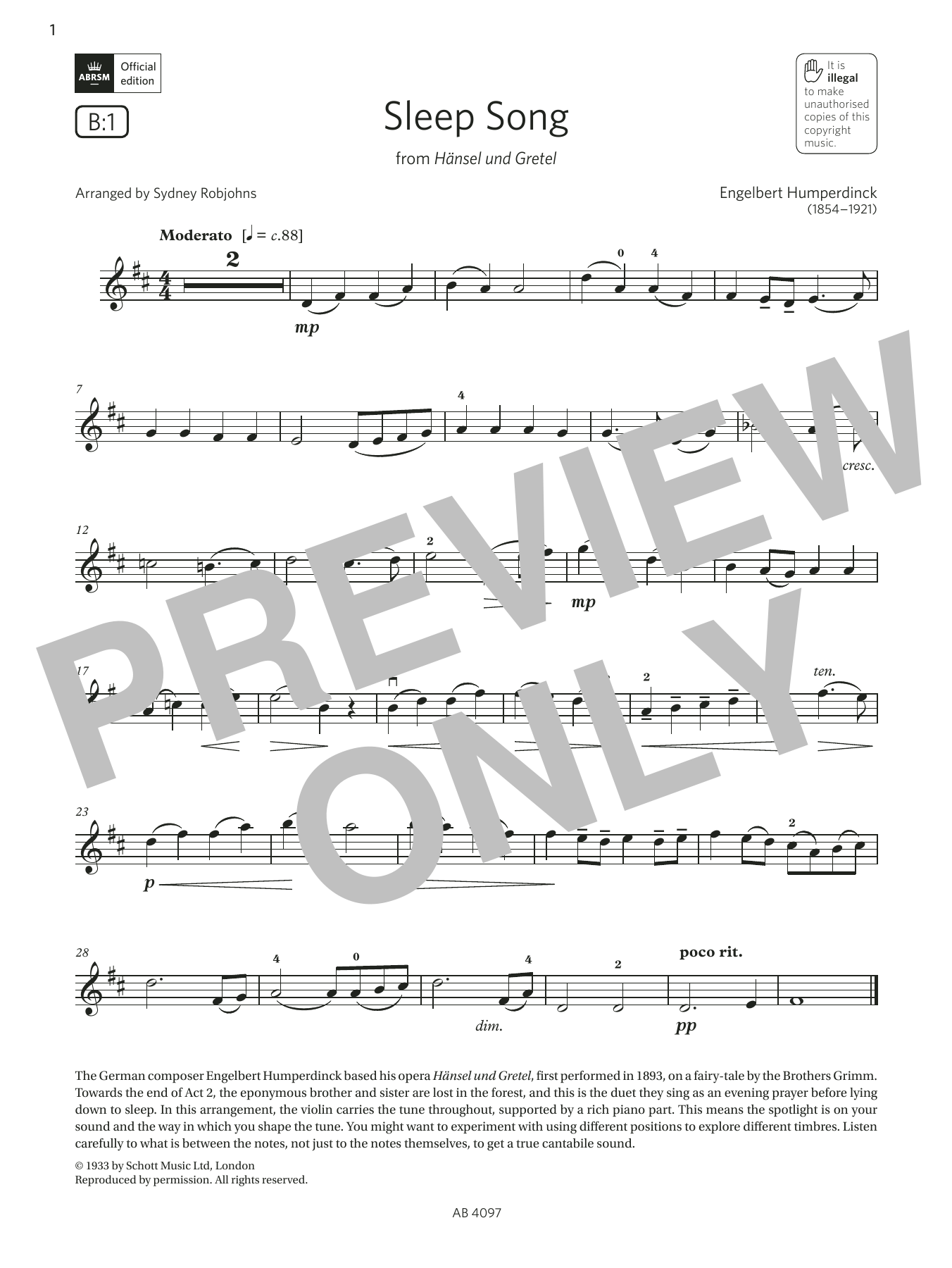 Download Engelbert Humperdinck Sleep Song (Grade 3, B1, from the ABRSM Violin Syllabus from 2024) Sheet Music and learn how to play Violin Solo PDF digital score in minutes