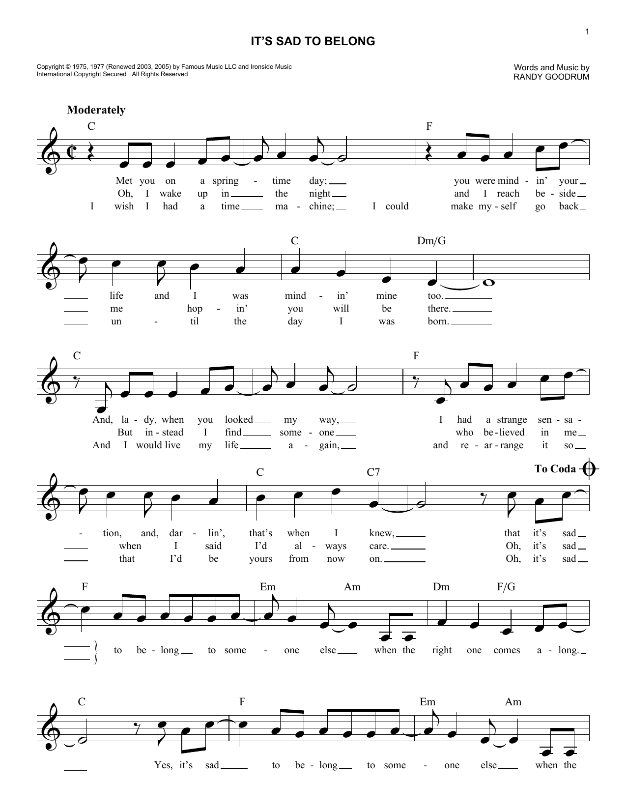 Download England Dan & John Ford Coley It's Sad To Belong Sheet Music and learn how to play Melody Line, Lyrics & Chords PDF digital score in minutes