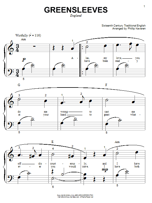 Download Traditional English Folksong Greensleeves Sheet Music and learn how to play Piano (Big Notes) PDF digital score in minutes