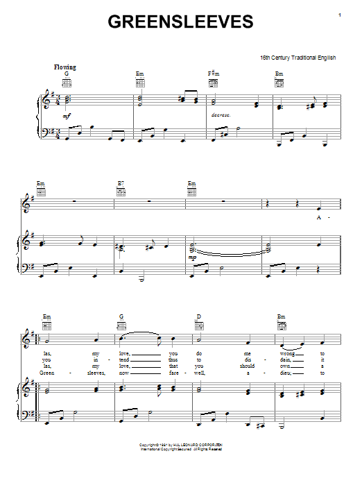 Download Traditional English Folksong Greensleeves Sheet Music and learn how to play Piano, Vocal & Guitar (Right-Hand Melody) PDF digital score in minutes