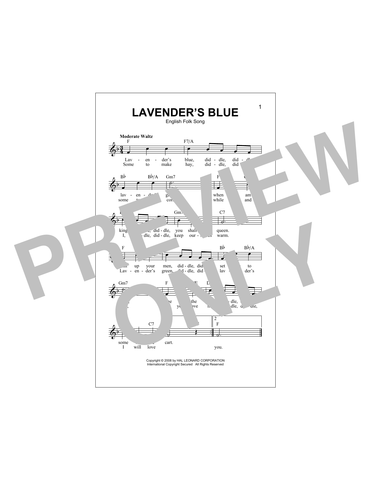 Download English Folk Song Lavender's Blue Sheet Music and learn how to play Piano, Vocal & Guitar Chords (Right-Hand Melody) PDF digital score in minutes