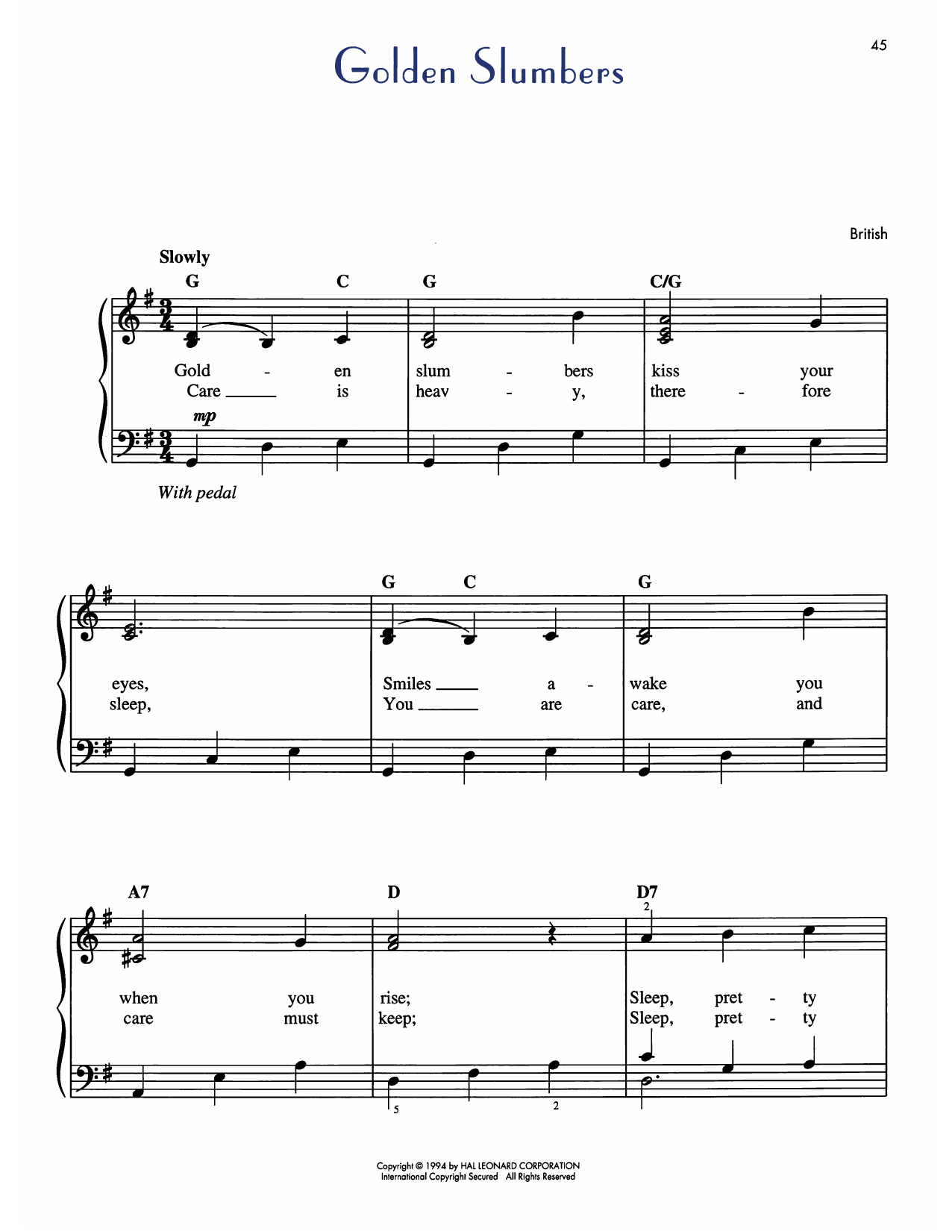 Download English Folksong Golden Slumbers Sheet Music and learn how to play Easy Piano PDF digital score in minutes