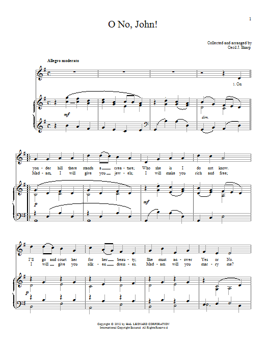 Download Traditional English Folksong O No, John! Sheet Music and learn how to play Piano & Vocal PDF digital score in minutes