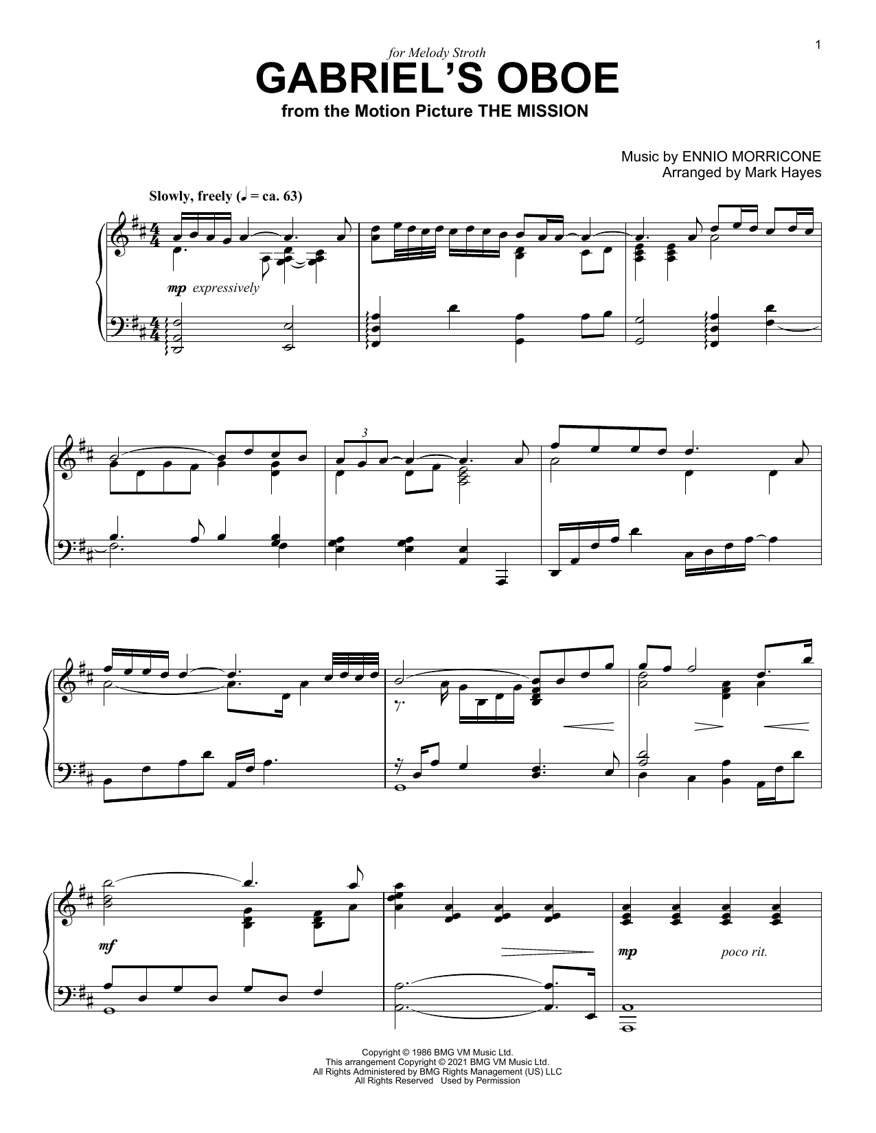 Download Ennio Morricone Gabriel's Oboe (from The Mission) (arr. Mark Hayes) Sheet Music and learn how to play Piano Solo PDF digital score in minutes