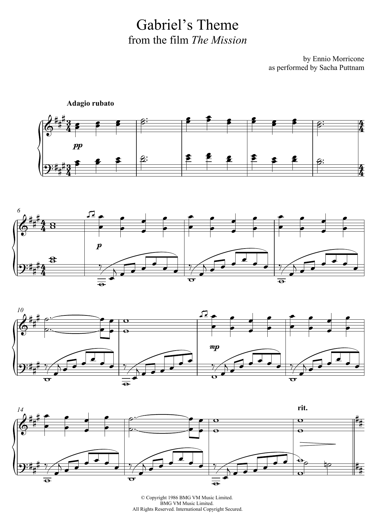 Download Ennio Morricone Gabriel's Oboe (as performed by Sacha Puttnam) Sheet Music and learn how to play Piano PDF digital score in minutes