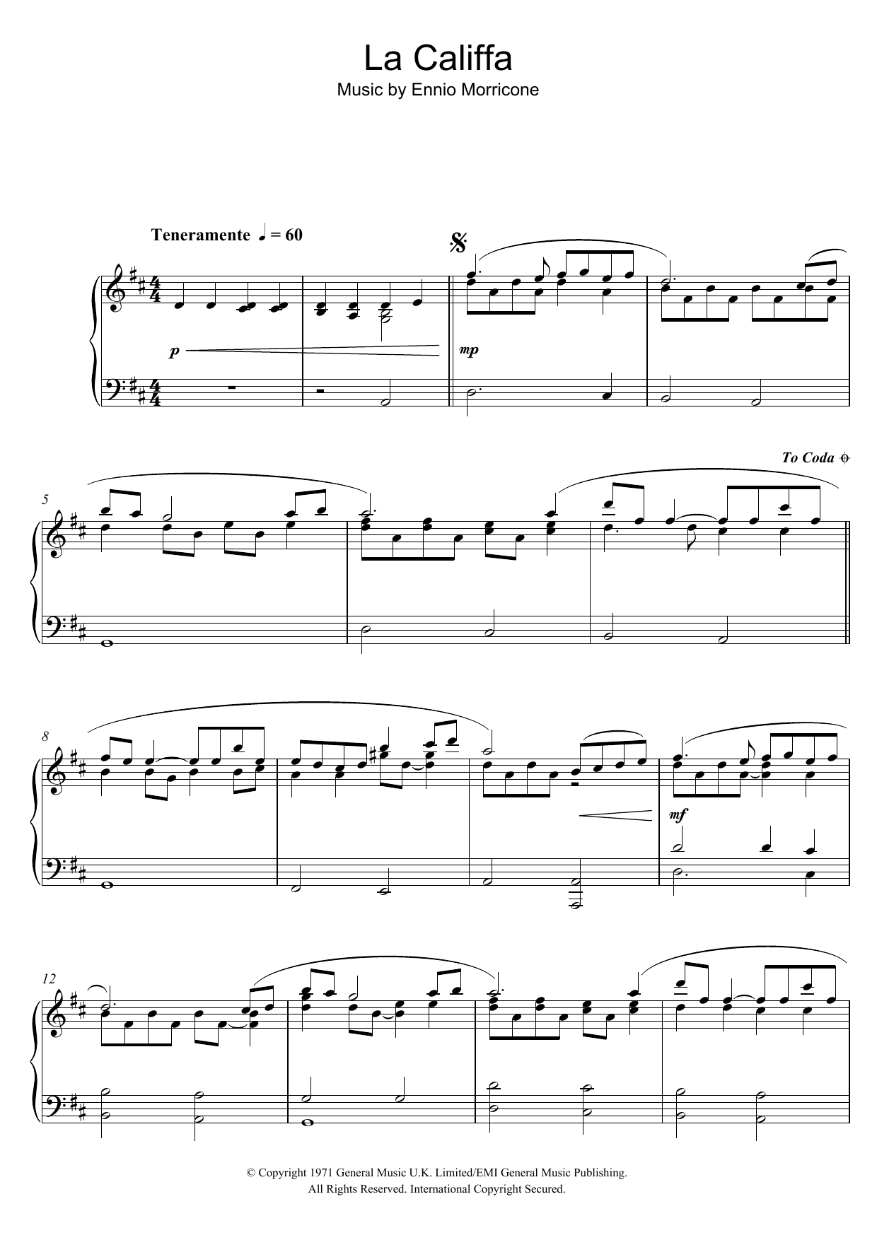 Download Ennio Morricone La Califfa Sheet Music and learn how to play Piano PDF digital score in minutes