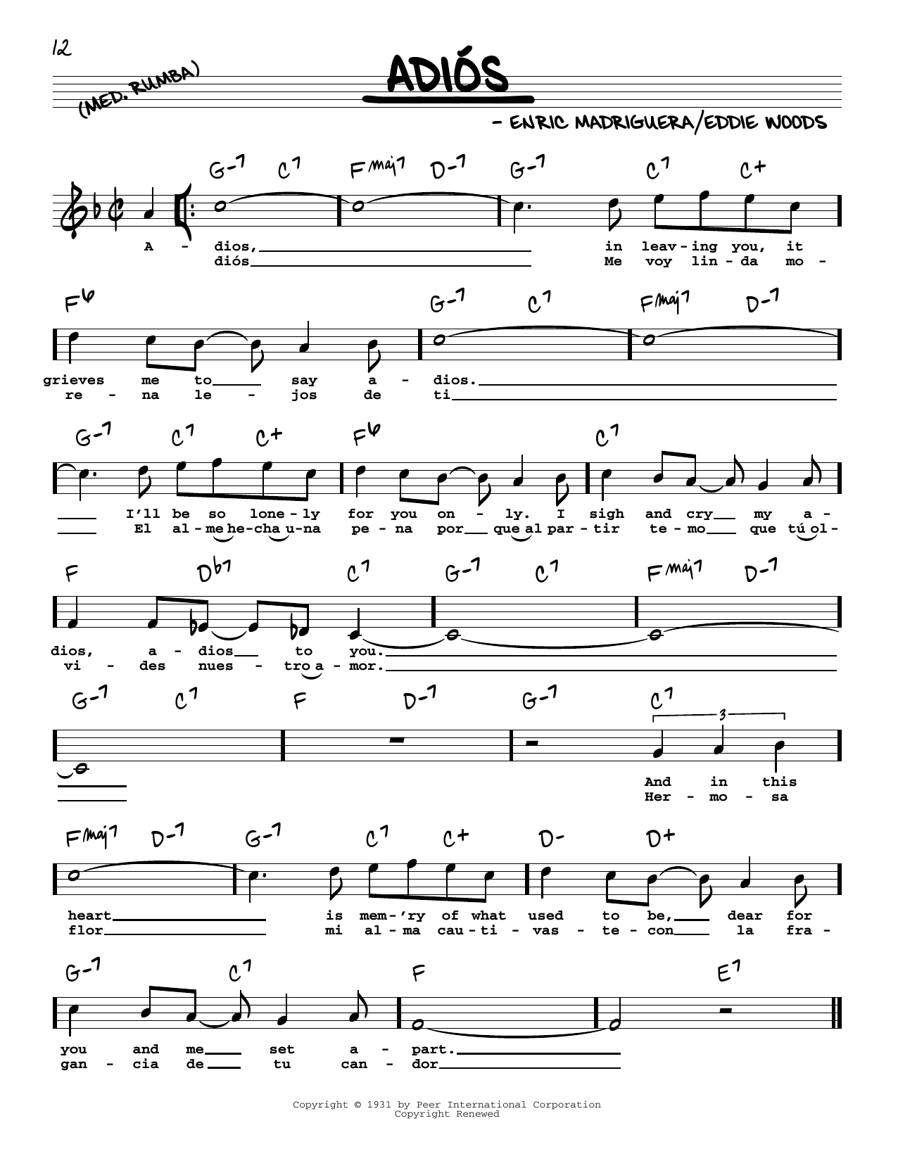 Download Enric Madriguera Adios (High Voice) Sheet Music and learn how to play Real Book – Melody, Lyrics & Chords PDF digital score in minutes