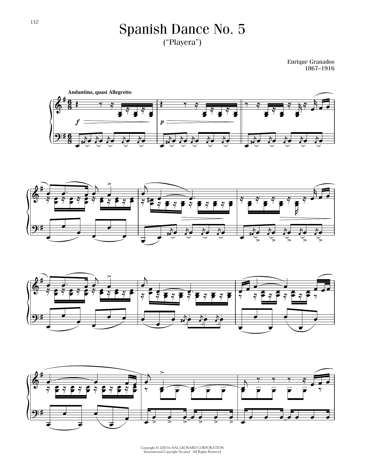 Download Enrique Granados Playera, Op. 5, No. 5 Sheet Music and learn how to play Piano Solo PDF digital score in minutes