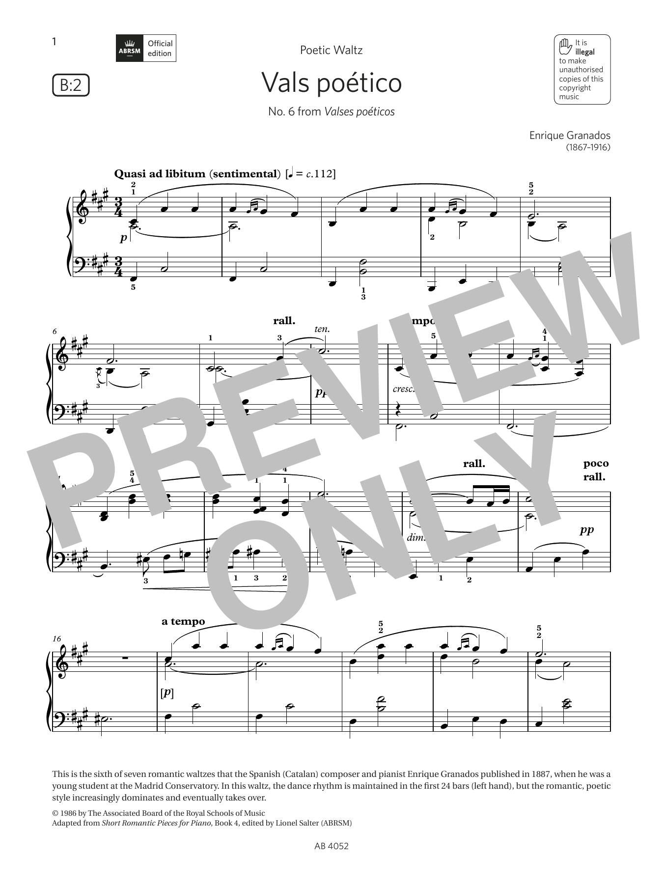 Download Enrique Granados Vals poético (Grade 6, list B2, from the ABRSM Piano Syllabus 2023 & 2024) Sheet Music and learn how to play Piano Solo PDF digital score in minutes