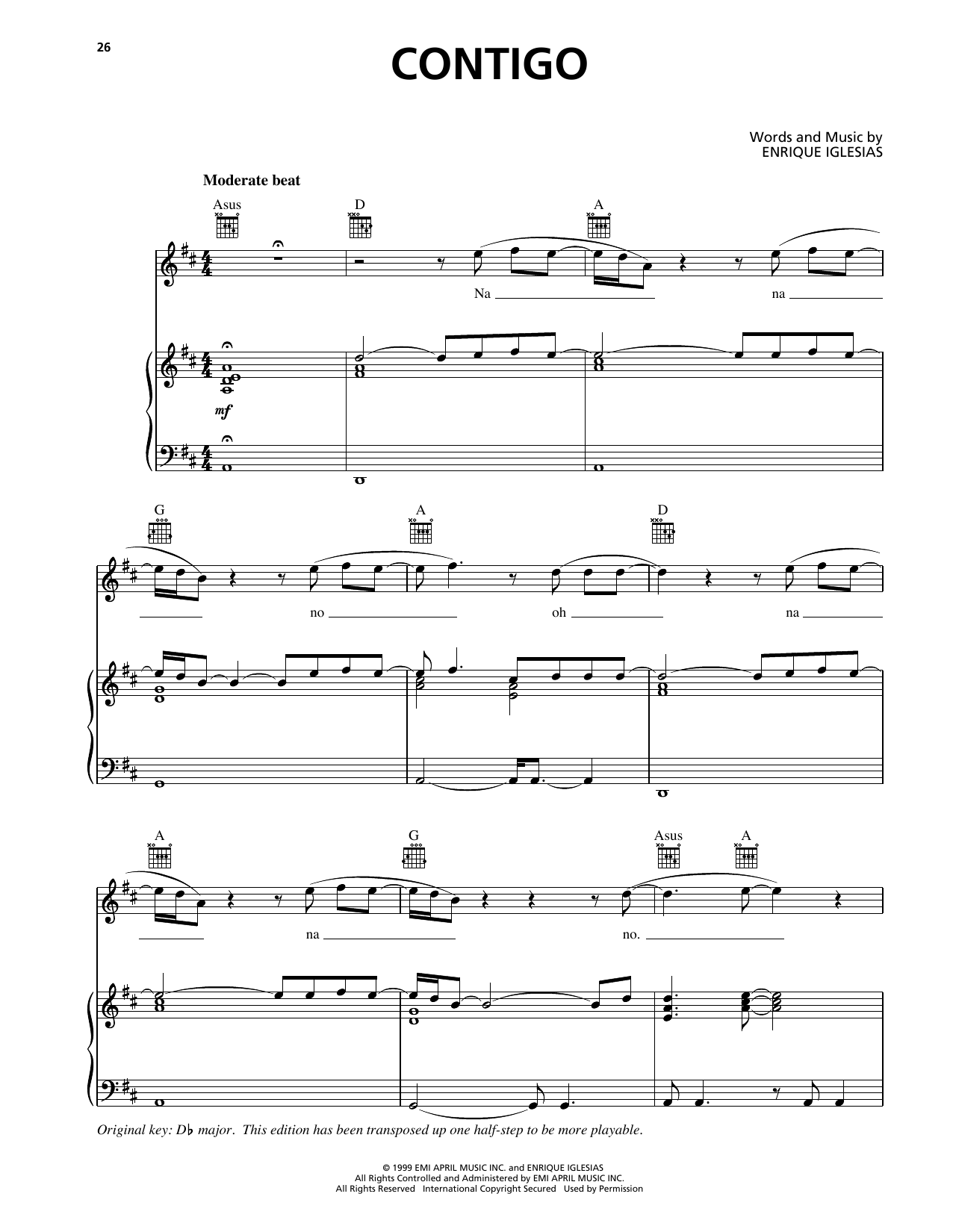 Download Enrique Iglesias Contigo Sheet Music and learn how to play Piano, Vocal & Guitar Chords (Right-Hand Melody) PDF digital score in minutes