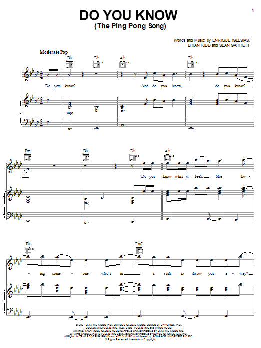Download Enrique Iglesias Do You Know? (The Ping Pong Song) Sheet Music and learn how to play Piano, Vocal & Guitar (Right-Hand Melody) PDF digital score in minutes