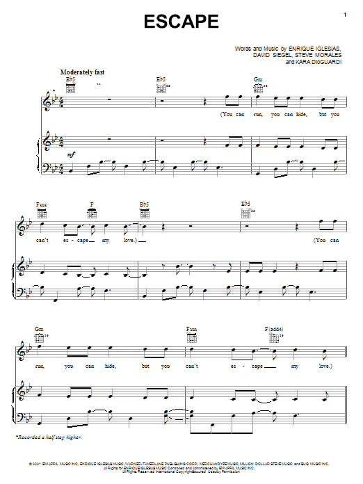 Download Enrique Iglesias Escape Sheet Music and learn how to play Piano, Vocal & Guitar (Right-Hand Melody) PDF digital score in minutes