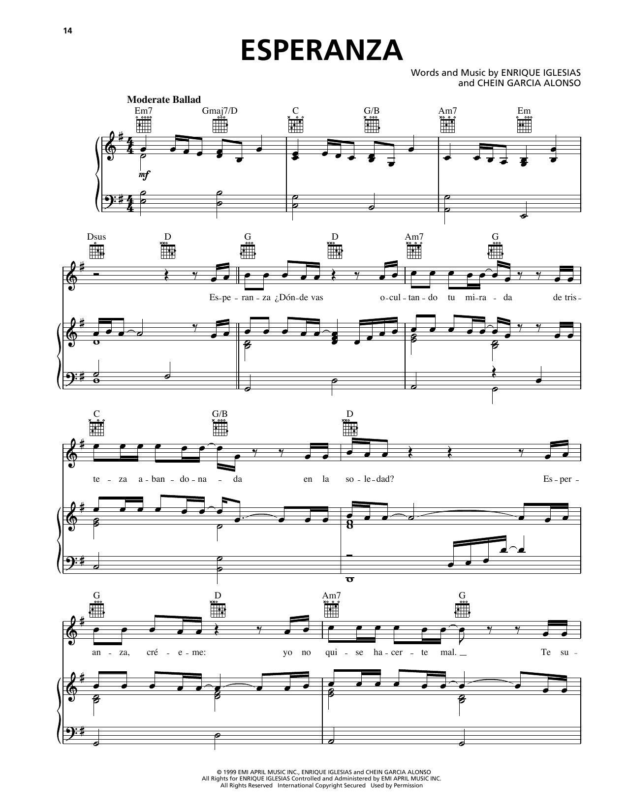Download Enrique Iglesias Esperanza Sheet Music and learn how to play Piano, Vocal & Guitar Chords (Right-Hand Melody) PDF digital score in minutes
