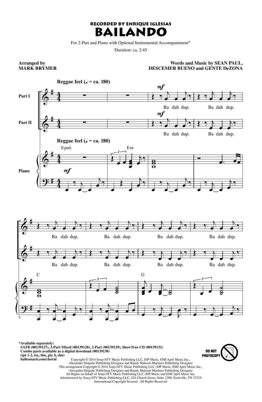 Download Enrique Iglesias Featuring Descemer Bueno and Gente de Zona Bailando (arr. Mark Brymer) Sheet Music and learn how to play 2-Part Choir PDF digital score in minutes