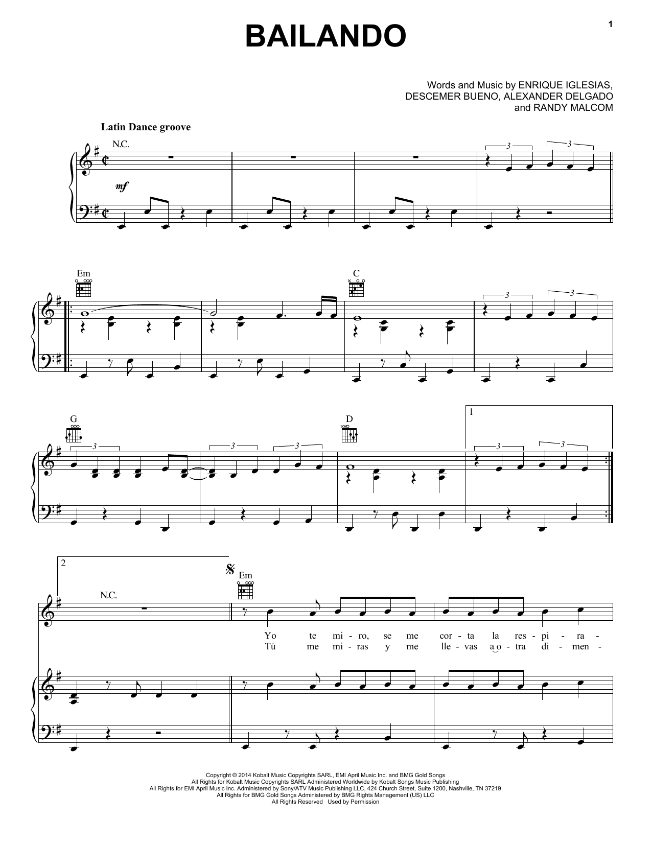 Download Enrique Iglesias Bailando (feat. Descemer Bueno and Gente de Zona) Sheet Music and learn how to play Piano, Vocal & Guitar (Right-Hand Melody) PDF digital score in minutes