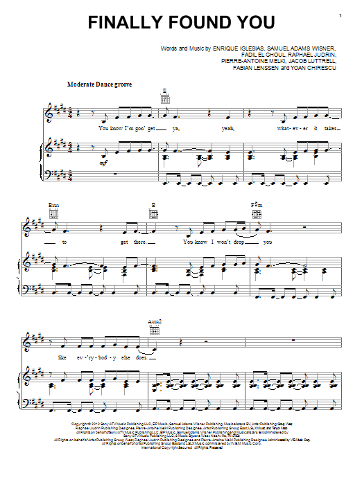 Download Enrique Iglesias Finally Found You Sheet Music and learn how to play Piano, Vocal & Guitar (Right-Hand Melody) PDF digital score in minutes