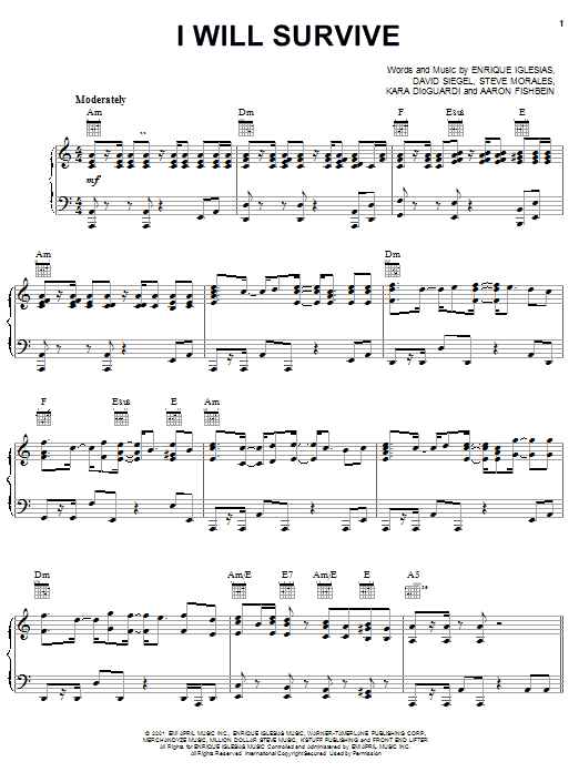 Download Enrique Iglesias I Will Survive Sheet Music and learn how to play Piano, Vocal & Guitar (Right-Hand Melody) PDF digital score in minutes