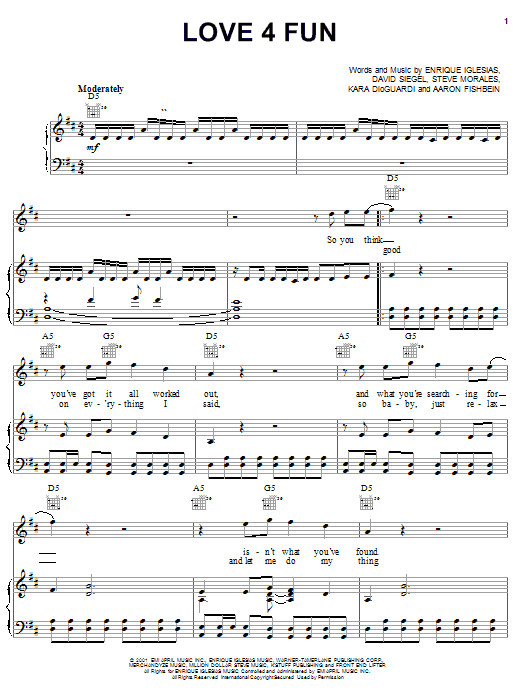 Download Enrique Iglesias Love 4 Fun Sheet Music and learn how to play Piano, Vocal & Guitar (Right-Hand Melody) PDF digital score in minutes